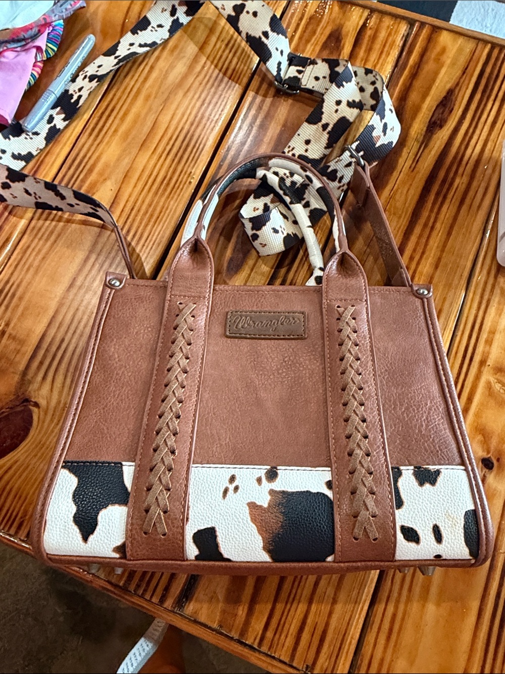 Wrangler Tan and White Cowhide-Accent Tote with Patterned Strap